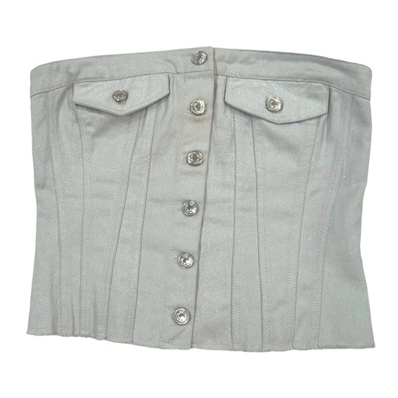 Zara Tops - ZARA Denim Crop Top Corset Bustier Subtle Sheen Sparkle Shimmer Silver NWT Small